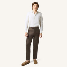 Model wearing Rizvol Dried Fig brown Italian linen trousers, full view