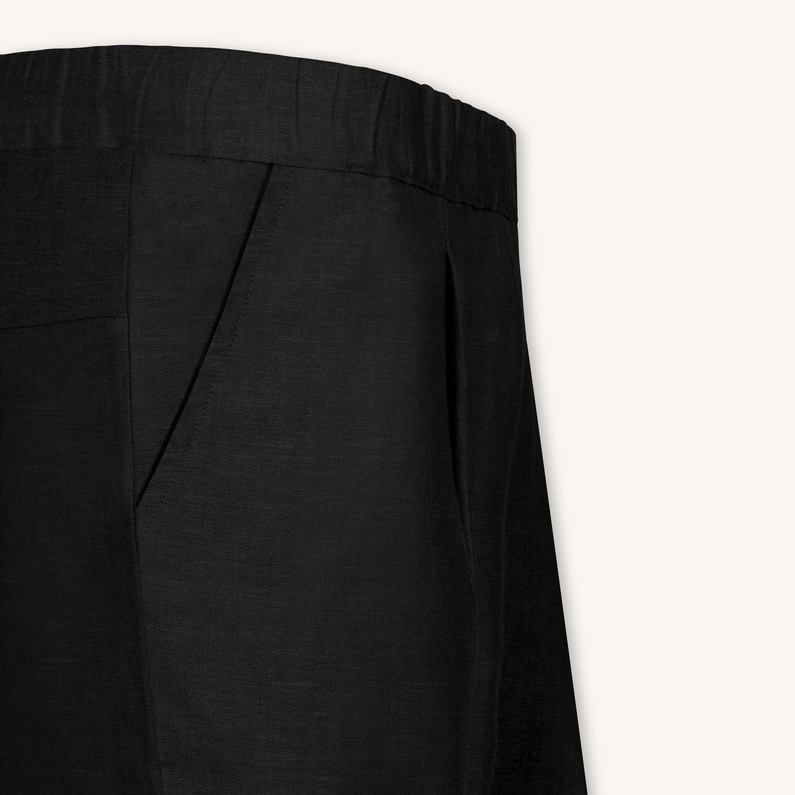 Rizvol Elba Obsidian Black linen pants, close-up