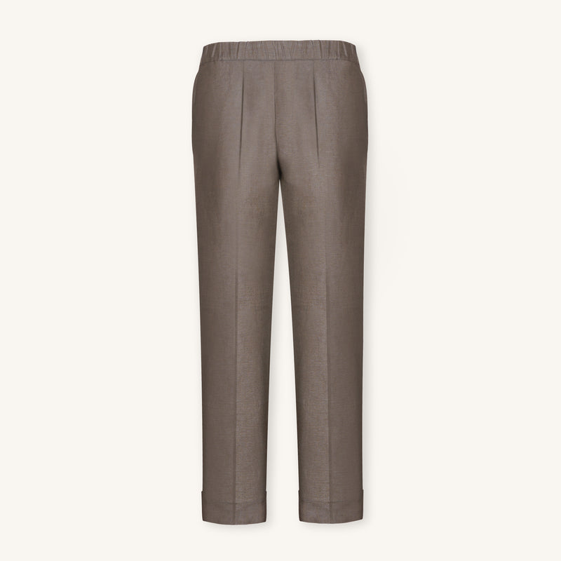 Rizvol women's light brown linen trousers, front view