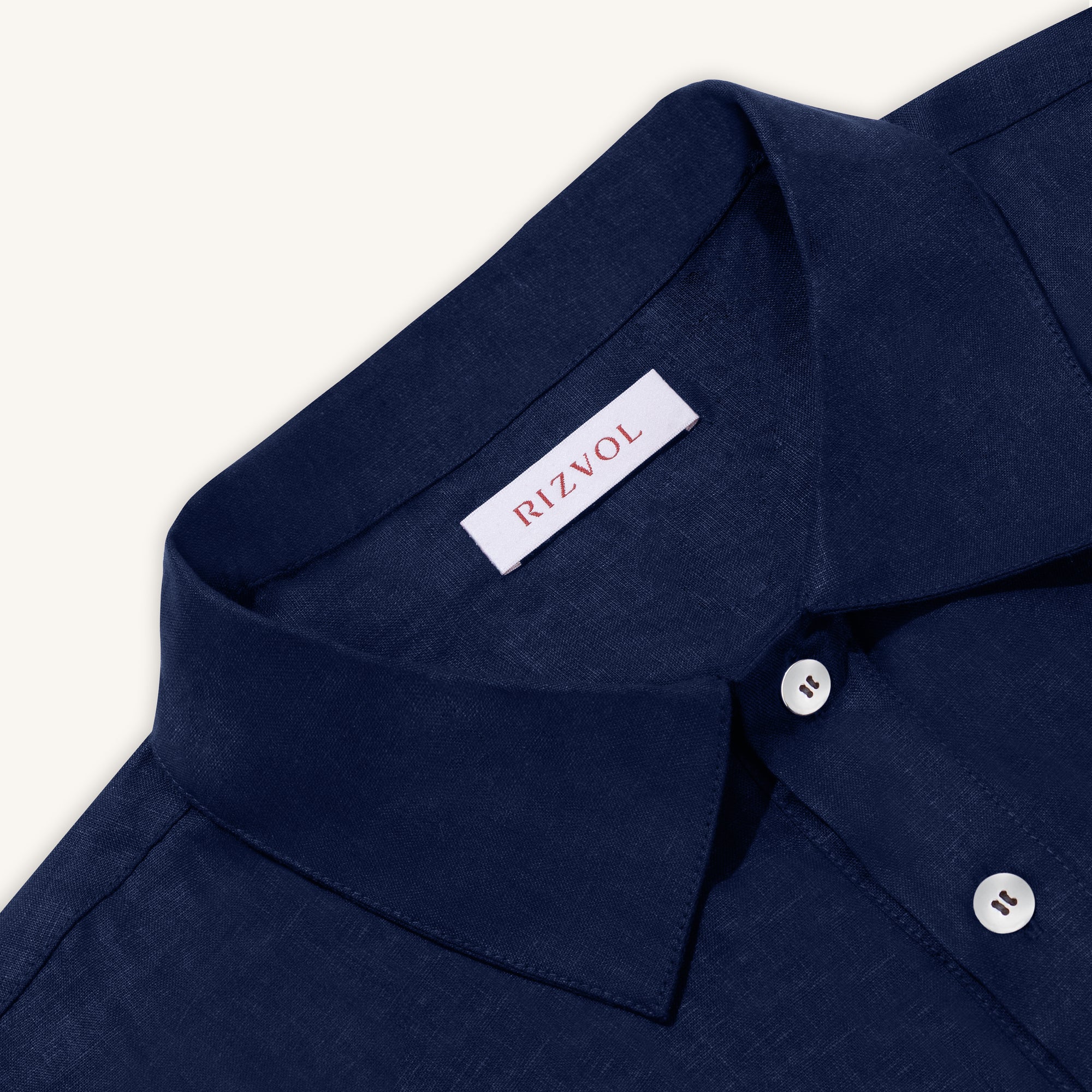 Rizvol Inkwell Blue linen polo shirt, close-up