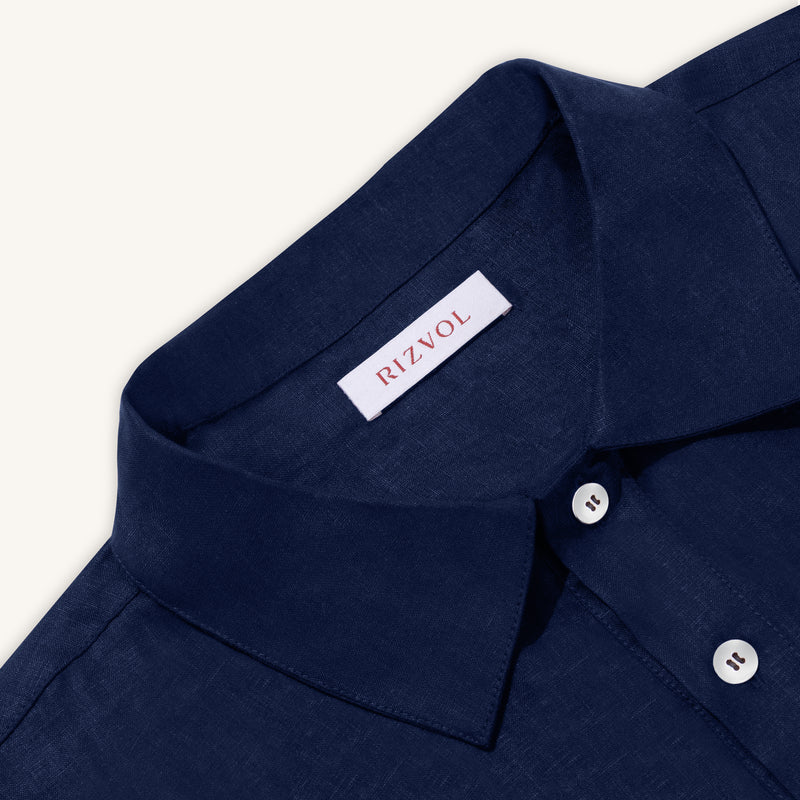 Rizvol Inkwell Blue linen polo shirt, close-up