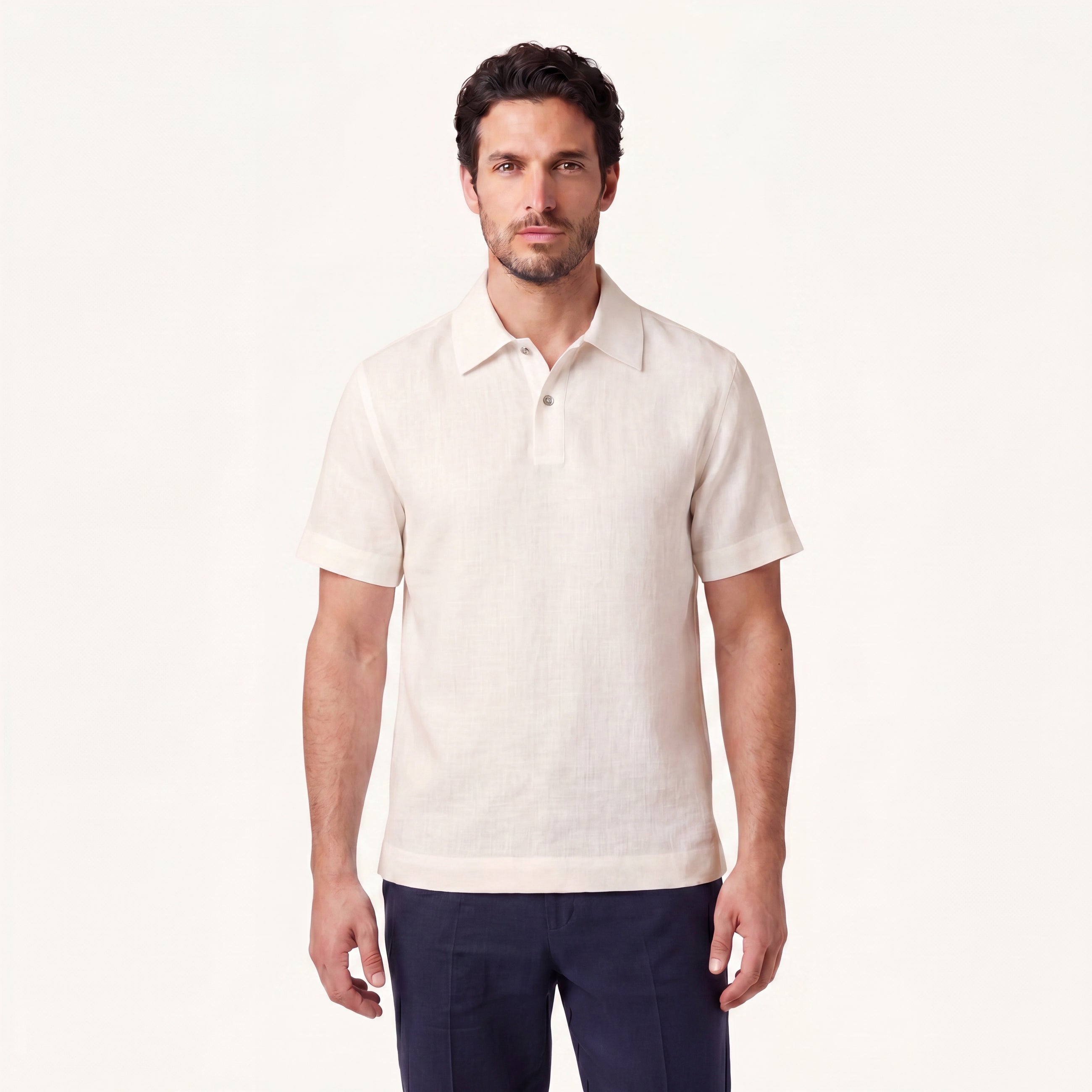Model wearing Rizvol linen polo shirt in ivory ash 