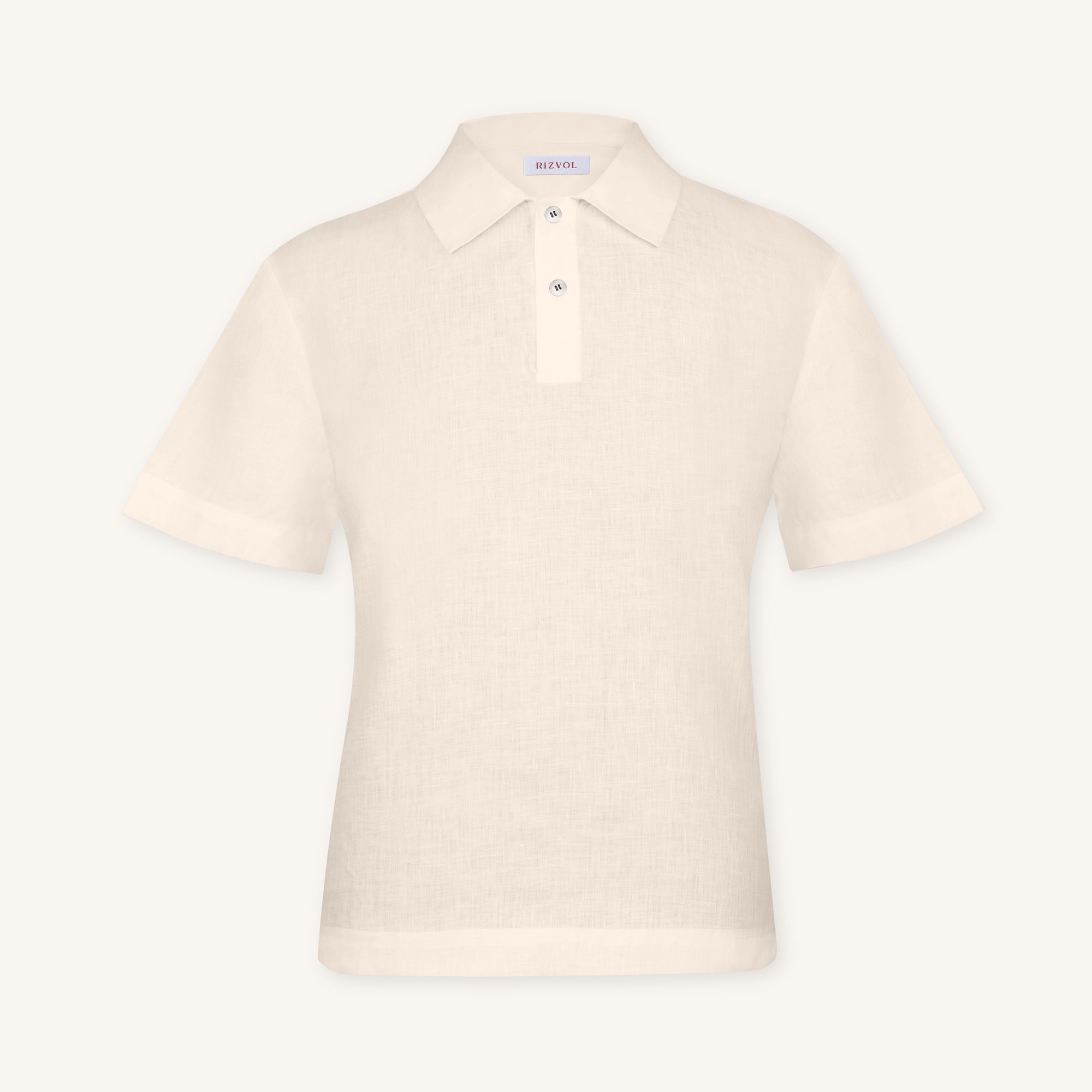 Rizvol Ivory Ash Beige linen polo shirt, front view