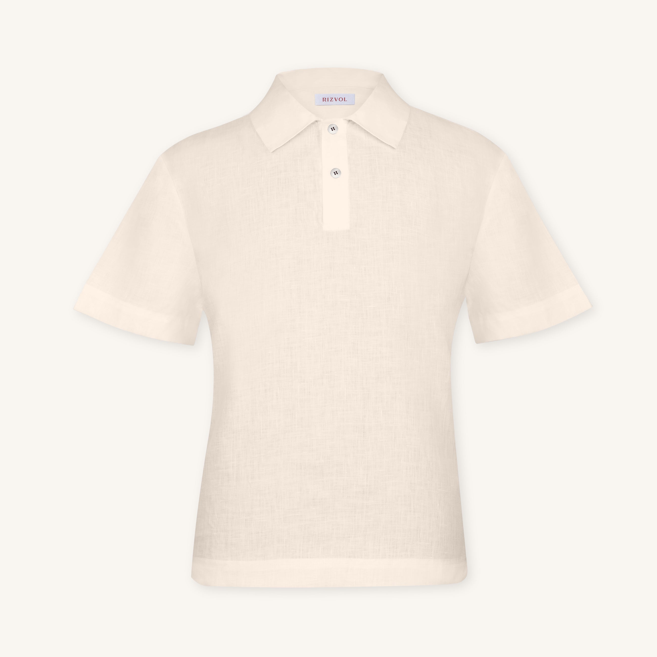 Rizvol Ivory Ash Beige linen polo shirt, front view