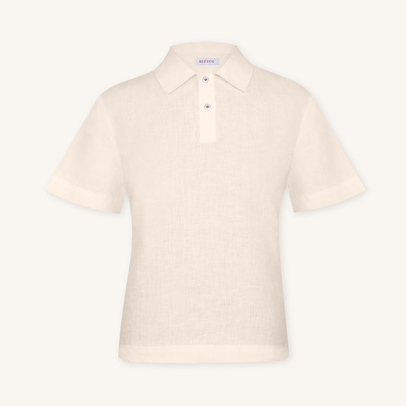 Rizvol Ivory Ash Beige linen polo shirt, front view
