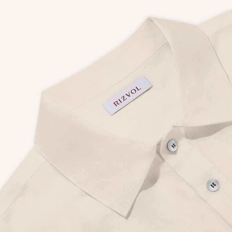 Rizvol Ivory Ash Beige linen polo shirt, close-up