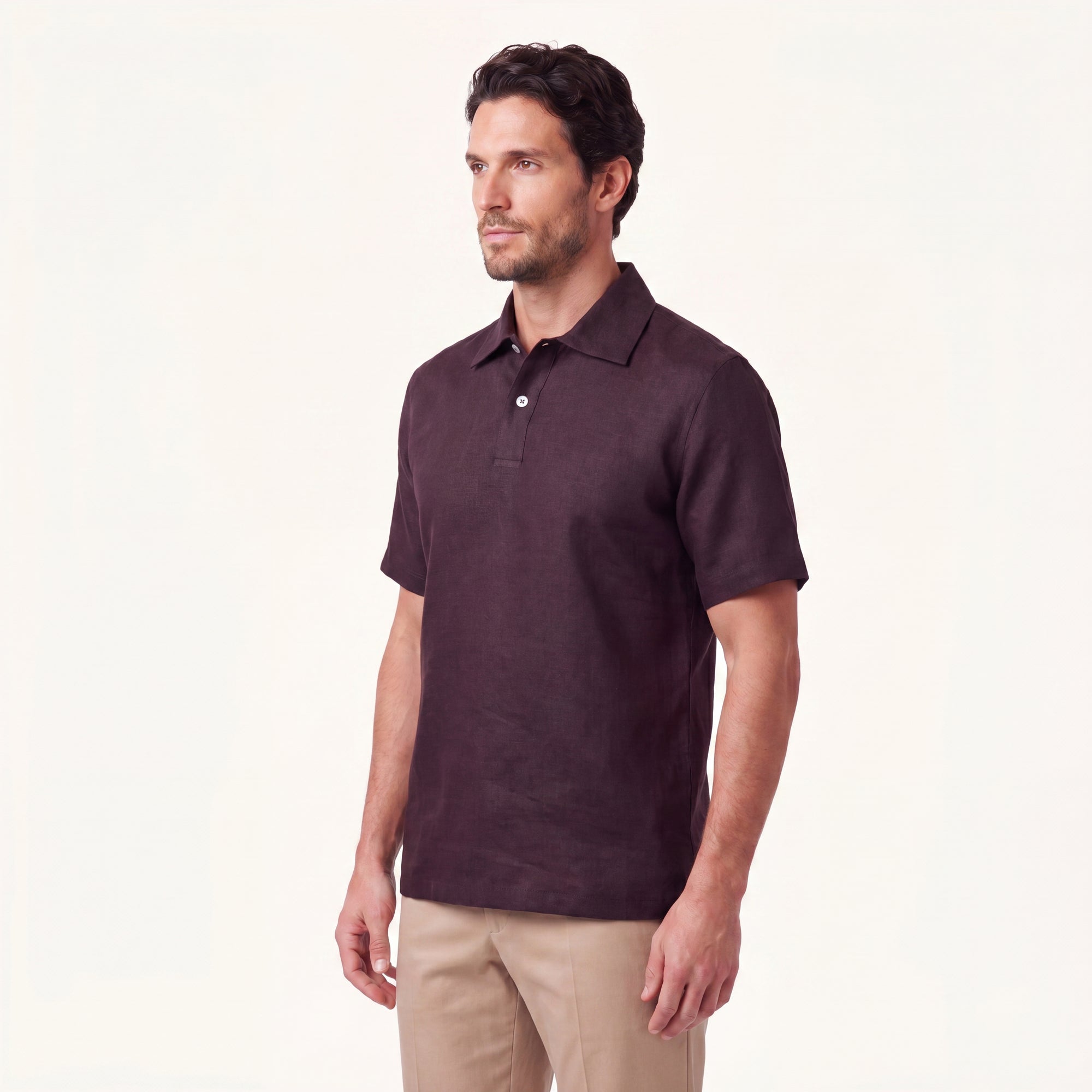 Model wearing Rizvol merlot linen polo 