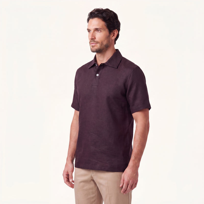 Model wearing Rizvol merlot linen polo 