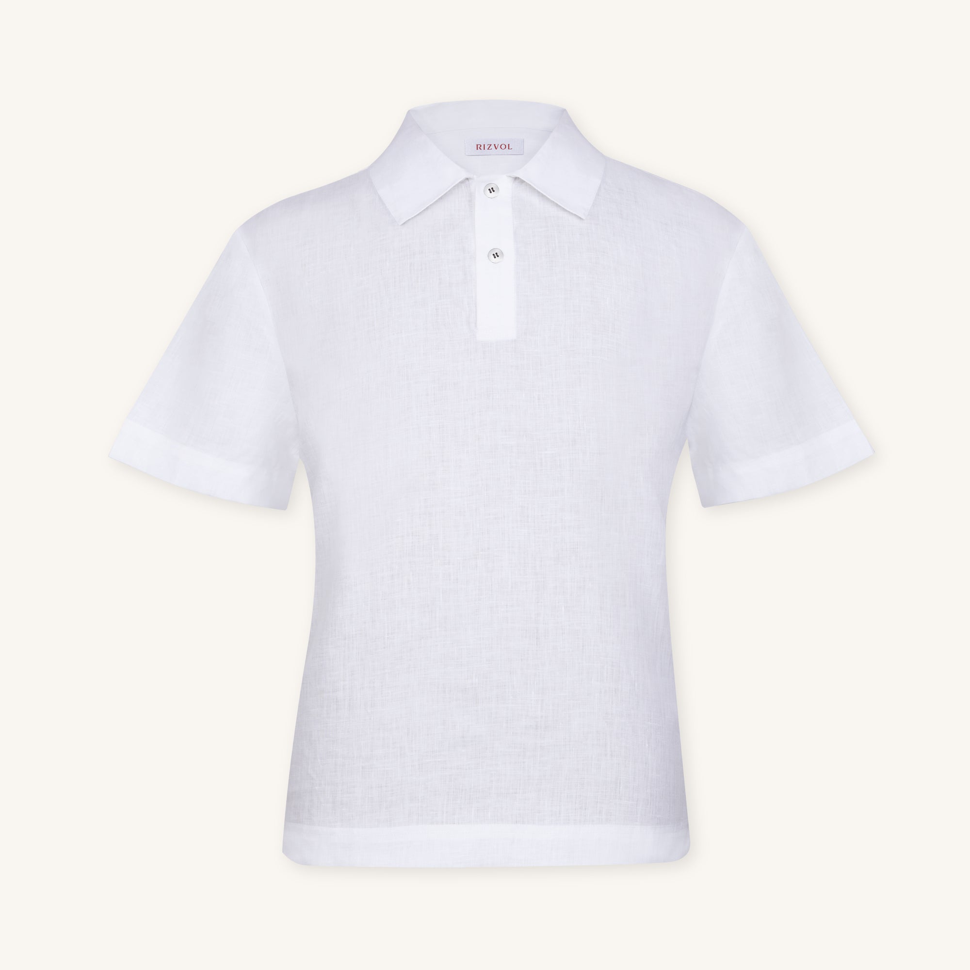 Rizvol Milkstone White linen polo shirt, front view