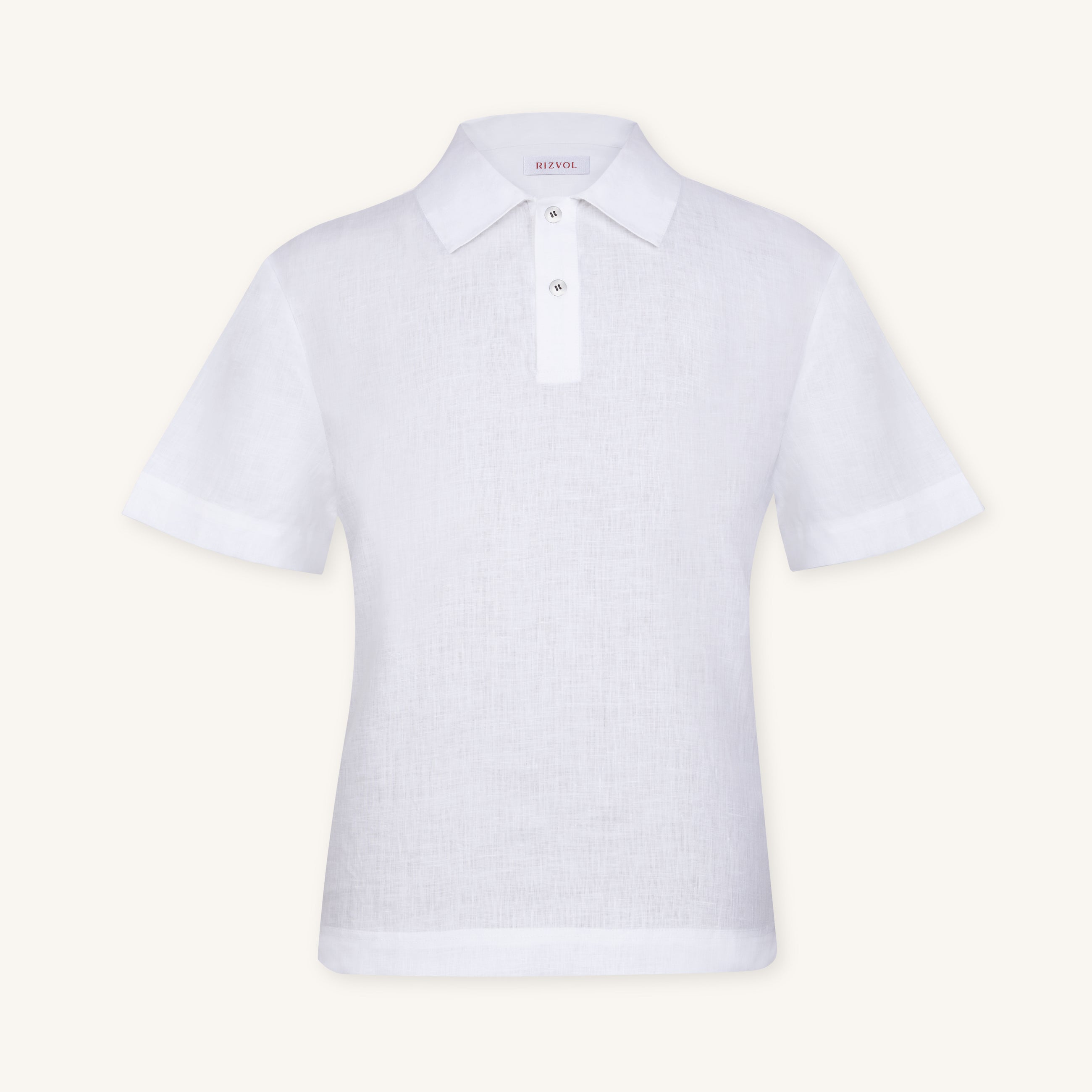 Rizvol Milkstone White linen polo shirt, front view