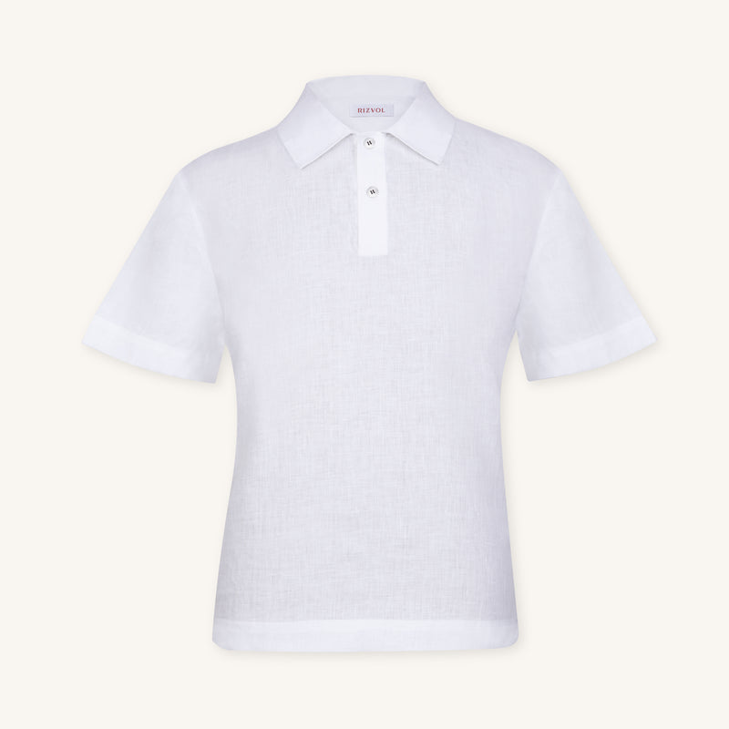 Rizvol Milkstone White linen polo shirt, front view