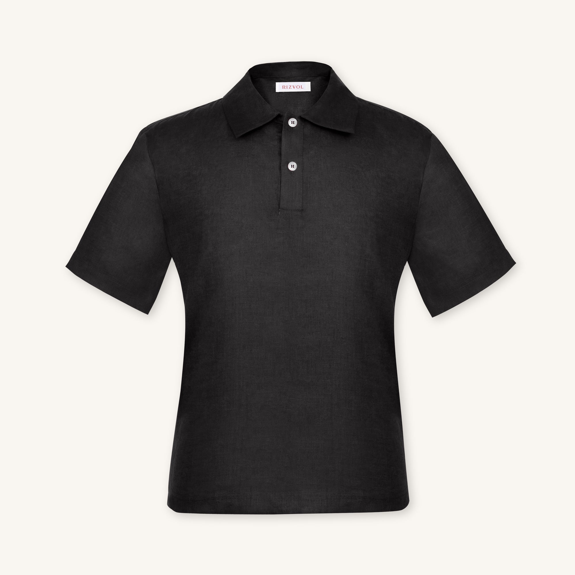 Rizvol Obsidian Black linen polo shirt, front view
