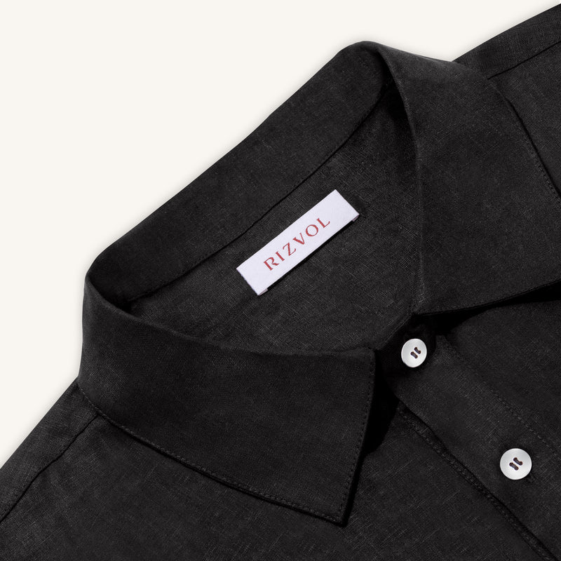 Rizvol Obsidian Black linen polo shirt, close-up