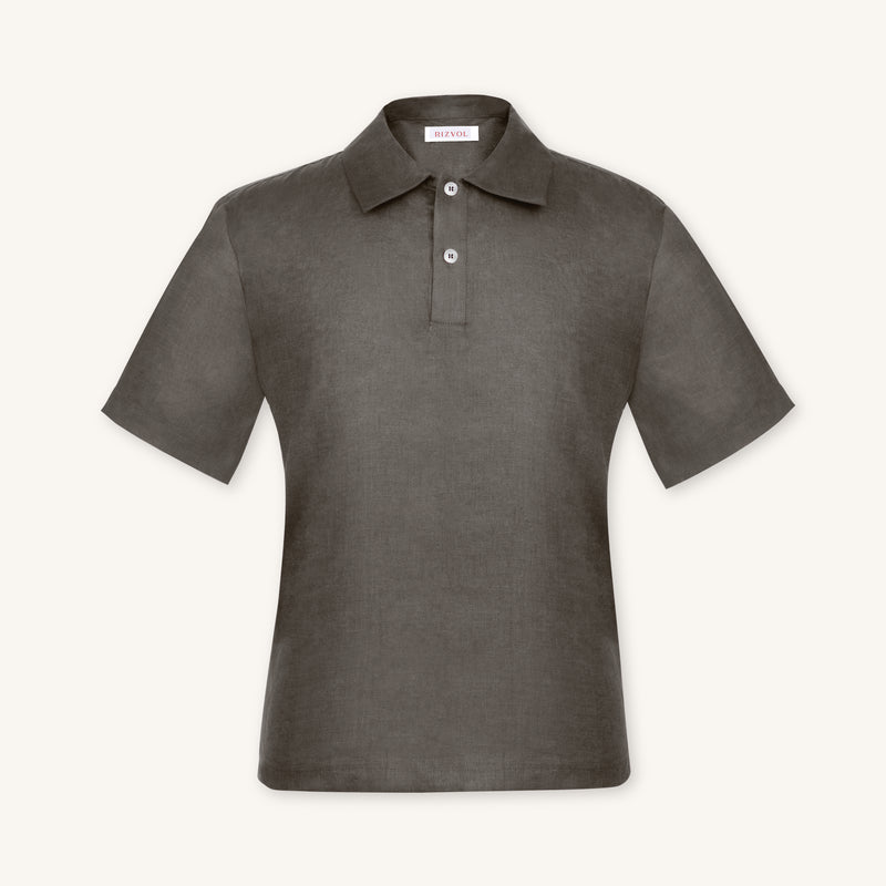 Rizvol Olive Mist linen polo shirt, front view