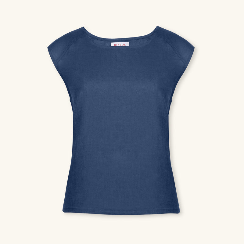 Rizvol Imperial Blue women's linen top, front view