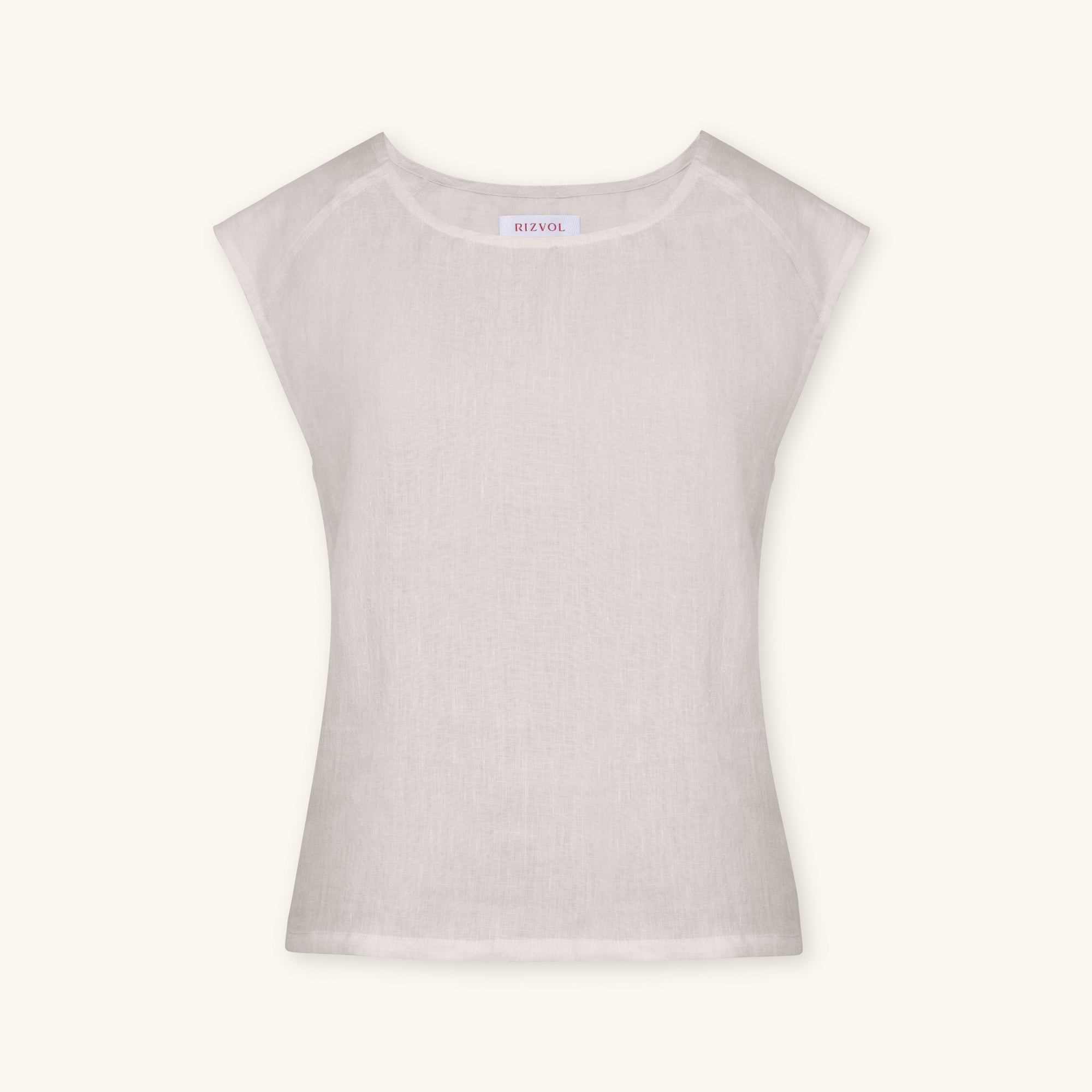 Rizvol Sera Ivory Ash beige linen top, front view 