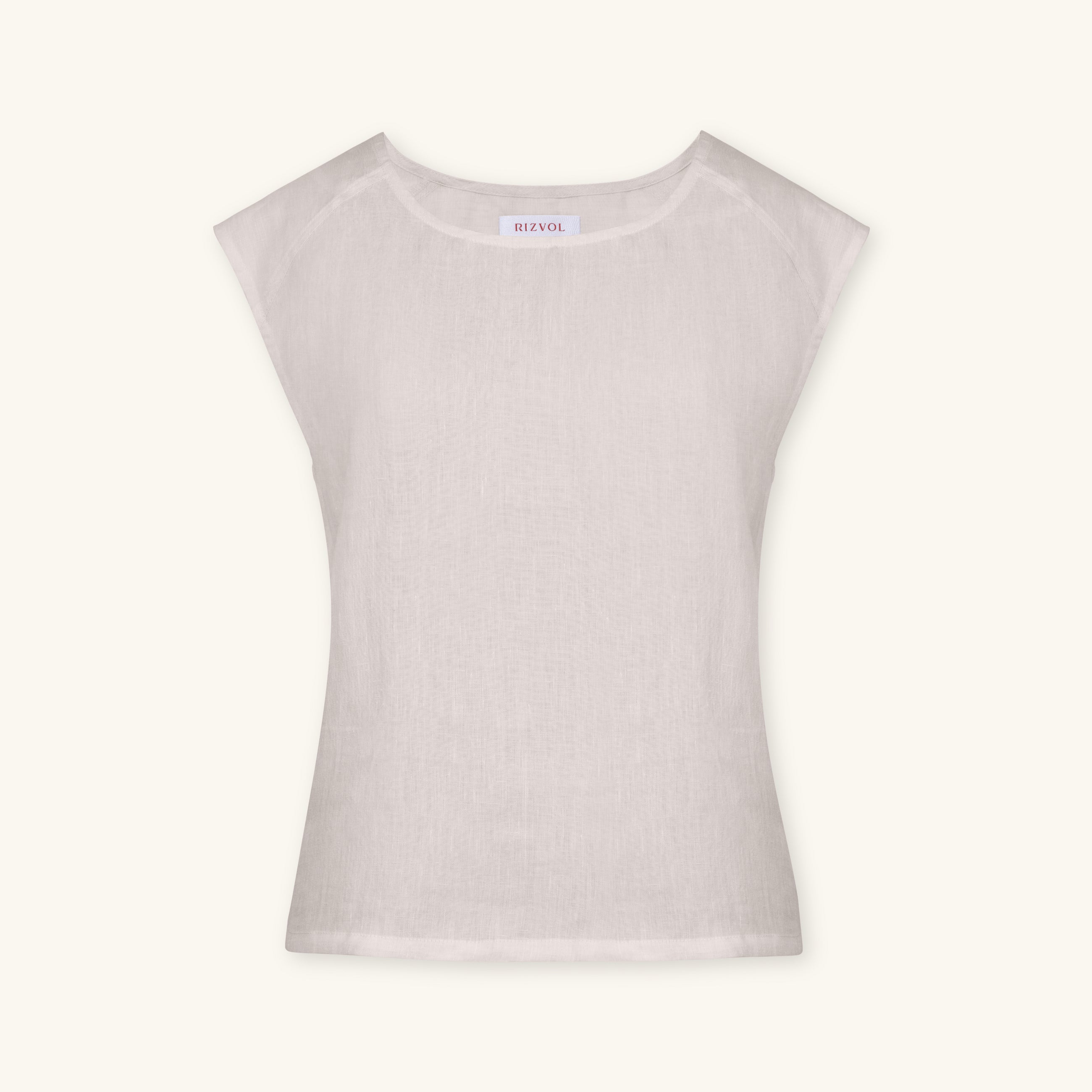 Rizvol Sera Ivory Ash beige linen top, front view 