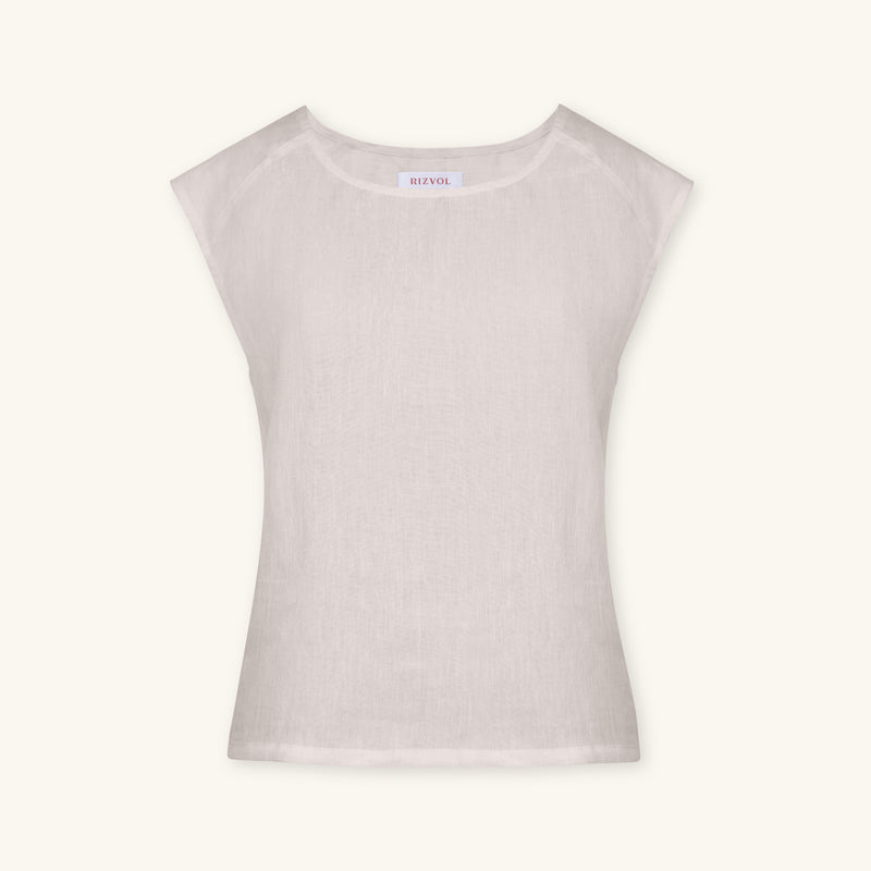 Rizvol Sera Ivory Ash beige linen top, front view 