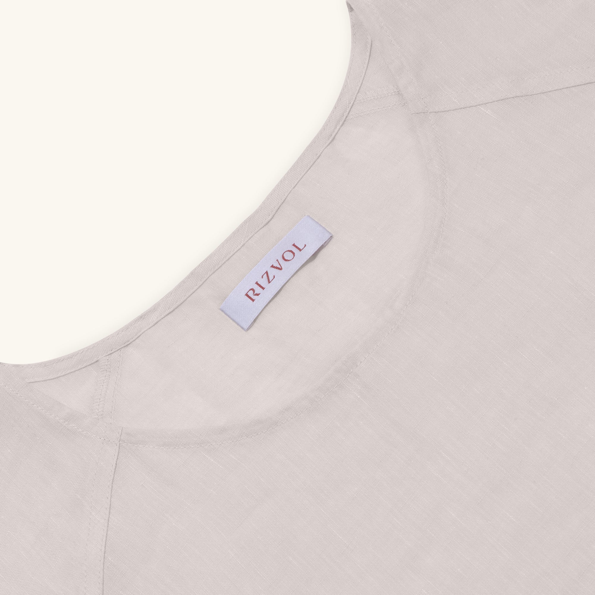 Rizvol Sera Ivory Ash beige linen top, close-up